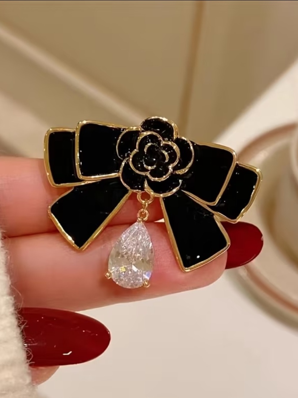 Black Enamel Camellia Brooch